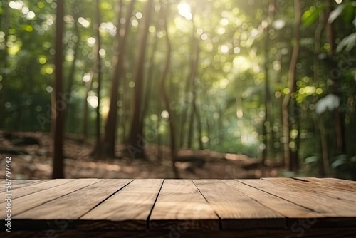 solitary wooden table surrounded by trees in a peaceful forest setting. Generative AI