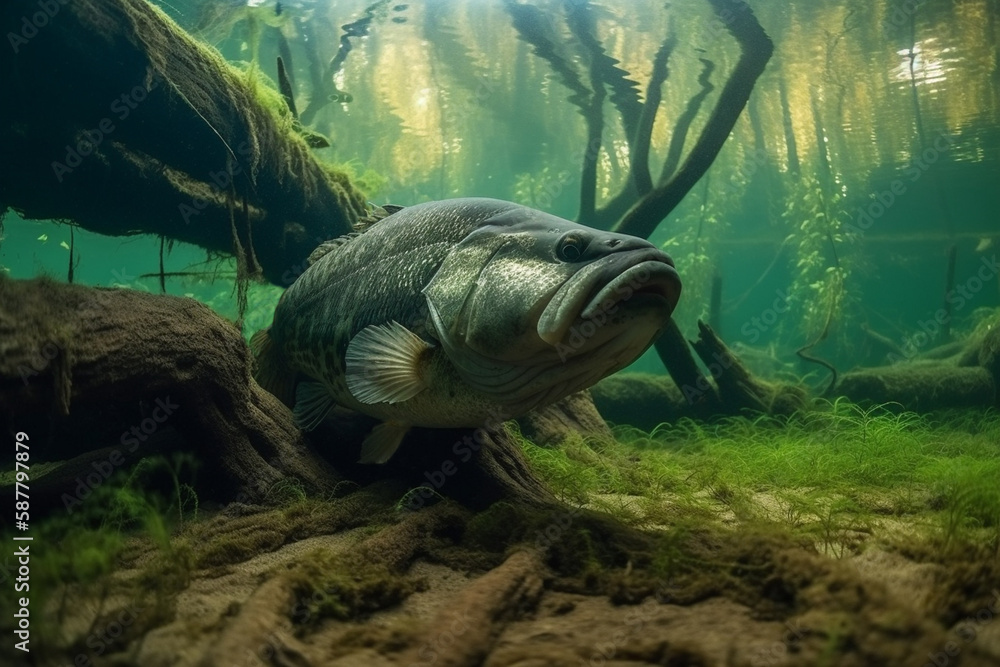 Obraz premium largemouth bass underwater among snags generated by AI