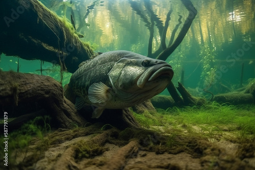 largemouth bass underwater among snags generated by AI photo