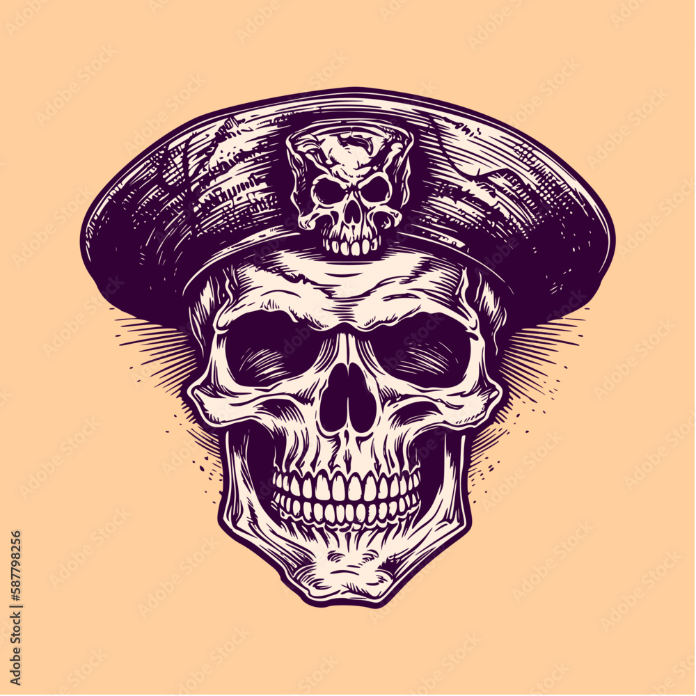 Fototapeta premium Skull with pirate hat. Woodcut engraving style hand drawn vector illustration. Optimized vector. 