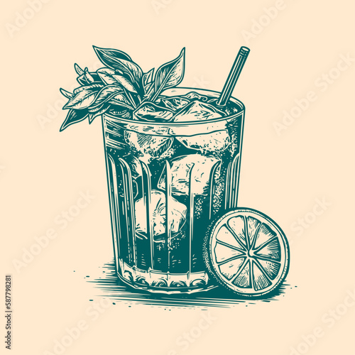 Cocktail illustration. Woodcut engraving style hand drawn vector illustration. Optimized vector.	
