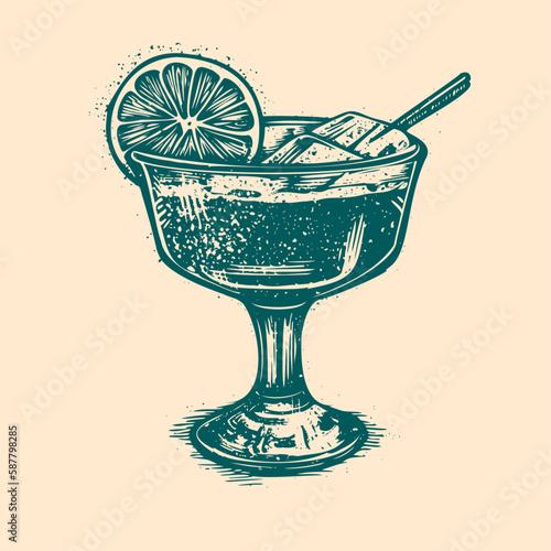 Cocktail illustration. Woodcut engraving style hand drawn vector illustration. Optimized vector.	
