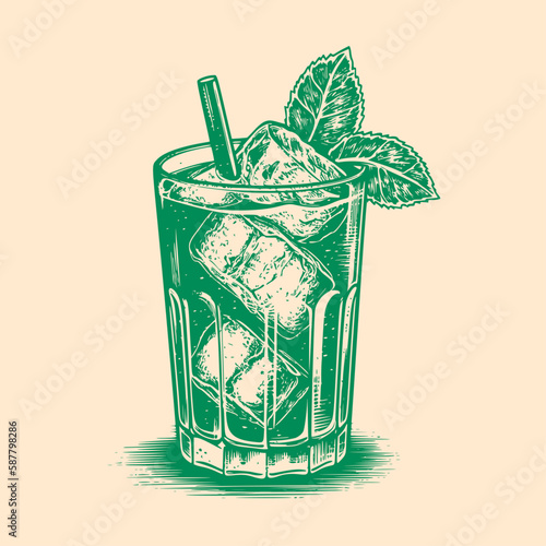 Cocktail illustration. Woodcut engraving style hand drawn vector illustration. Optimized vector.	
