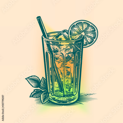 Cocktail illustration. Woodcut engraving style hand drawn vector illustration. Optimized vector.	
