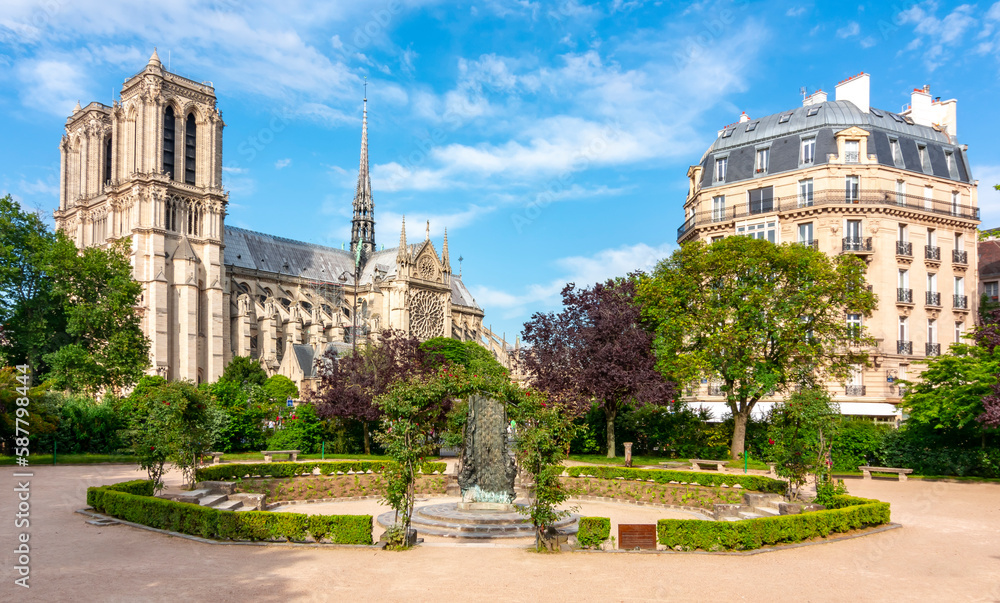 Rene Viviani square and Notre Dame de Paris cathedral, France