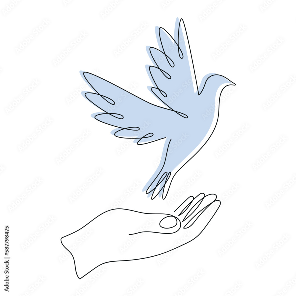 Fototapeta premium Pigeon in hand drawn in one continuous line with color spot. One line drawing, minimalism. Vector illustration.