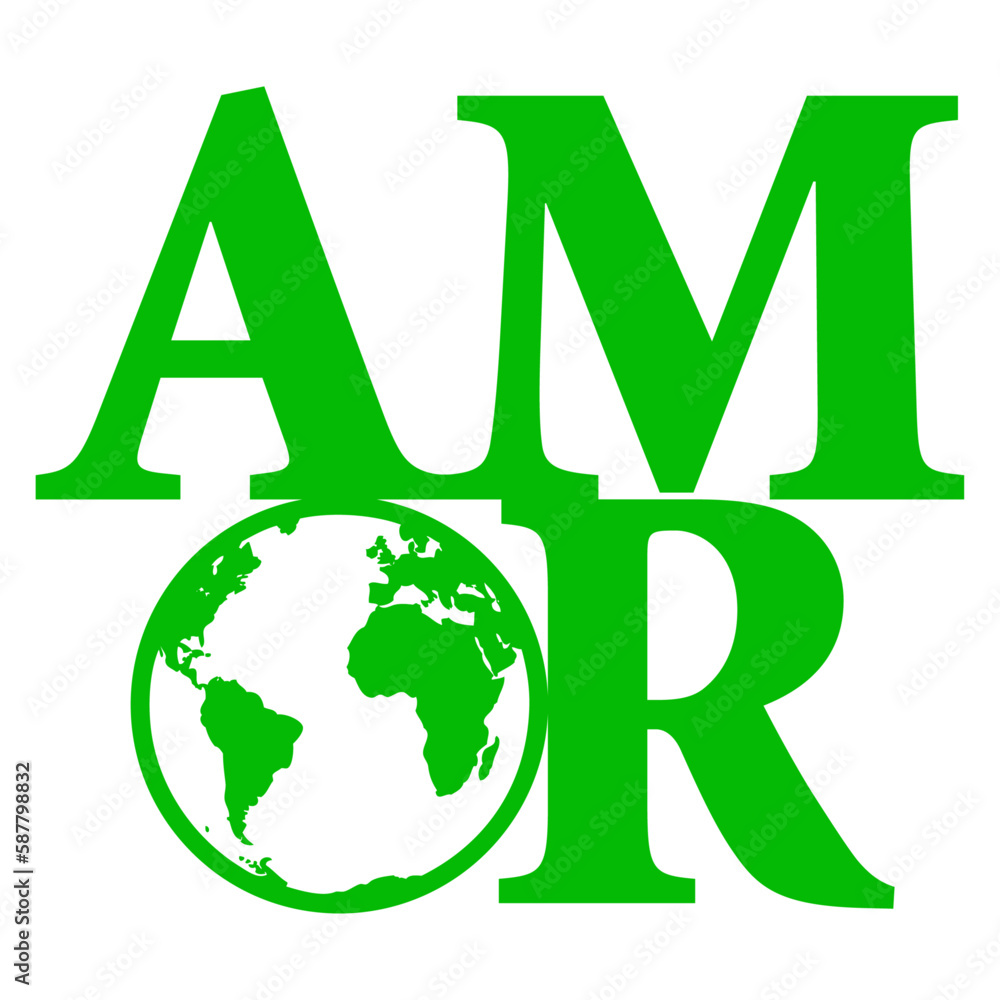 Logo Earth Day. Letras palabra Amor en texto manuscrito en español con silueta de mapa de la tierra en lugar de letra o Logo Earth Day. Letras palabra Amor en texto manuscrito en español con silueta de mapa de la tierra en lugar de letra o
