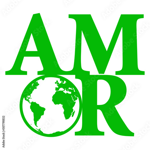 Logo Earth Day. Letras palabra Amor en texto manuscrito en español con silueta de mapa de la tierra en lugar de letra o