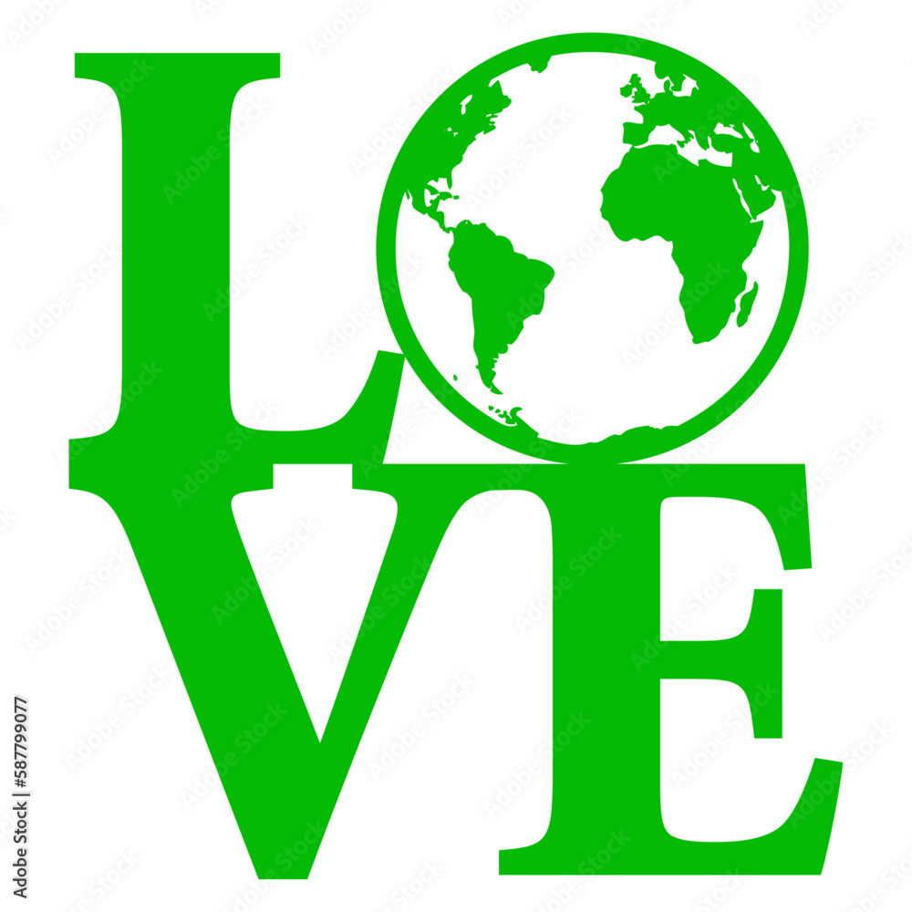 Logo Earth Day. Letras palabra Love en texto manuscrito con silueta de mapa de la tierra en lugar de letra o Logo Earth Day. Letras palabra Love en texto manuscrito con silueta de mapa de la tierra en lugar de letra o