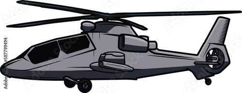 Illustration of a gray helicopter standing sideways to us. Isolated on a white background