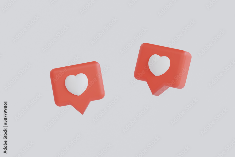 Red speech bubbles and hearts on white background. Blank 3D text bubbles for business design. 3D render illustration. Red speech bubbles and hearts on white background. Blank 3D text bubbles for business design. 3D render illustration.