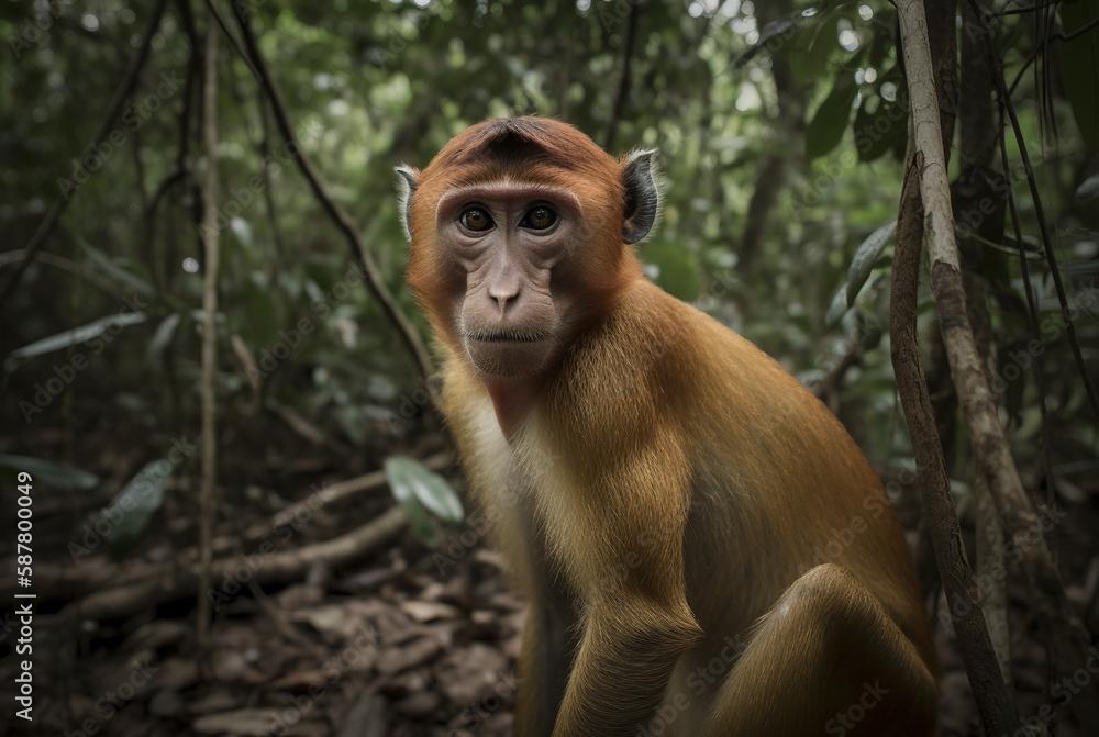 Fototapeta premium Monkey on the tree, monkey climbing a tree in the forest. Generative AI