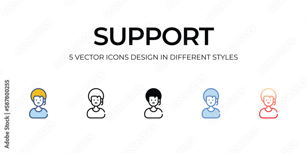 Support Icon Design in Five style with Editable Stroke. Line, Solid, Flat Line, Duo Tone Color, and Color Gradient Line. Suitable for Web Page, Mobile App,UI,UX, and GUI design