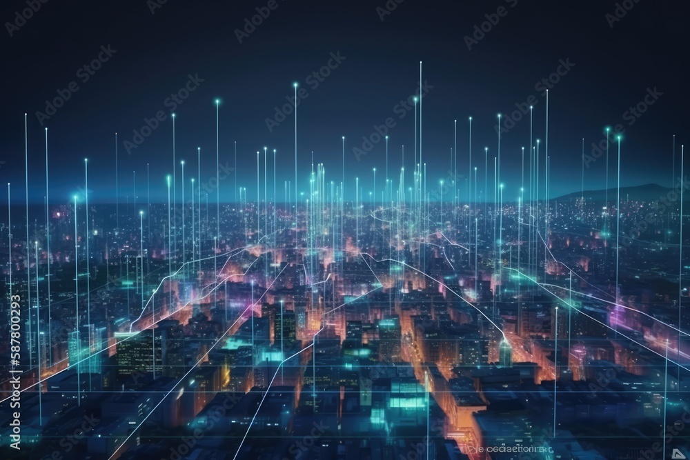 Fototapeta premium Smart city and abstract line and dot connect with gradient line design , big data connection technology concept. Generative AI.
