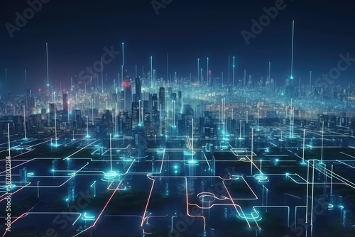 Smart city and abstract line and dot connect with gradient line design , big data connection technology concept. Generative AI.