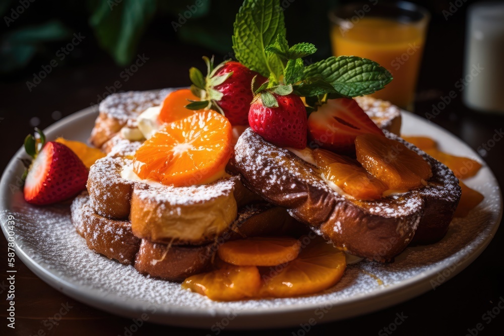 French toast and fresh strawberries and orange slices topped with whipped cream and powdered sugar  Generative AI