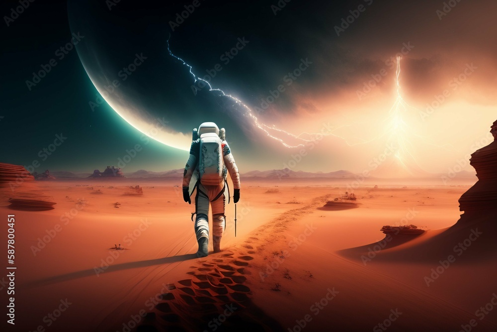 Astronaut walking on a hostile planet, background, generative AI Astronaut walking on a hostile planet, background, generative AI