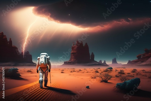 Astronaut walking on a hostile planet, background, generative AI