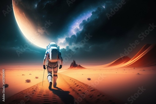 Astronaut walking on a hostile planet  background  generative AI
