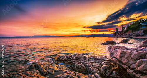 Fototapeta Naklejka Na Ścianę i Meble -  summer coast in Croatia, wonderful sunset view, Rijeka resort, Croatia, Europe