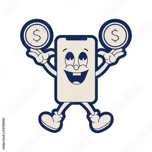 Money sticker in retro style. Hand drawn doodle style. Vintage stickers from the 70s. Vector illustration.