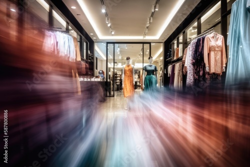 modern clothing boutique with sleek, minimalist decor. The boutique features racks of stylish clothing and accessories, with a few mannequins posed in the foreground Generative AI