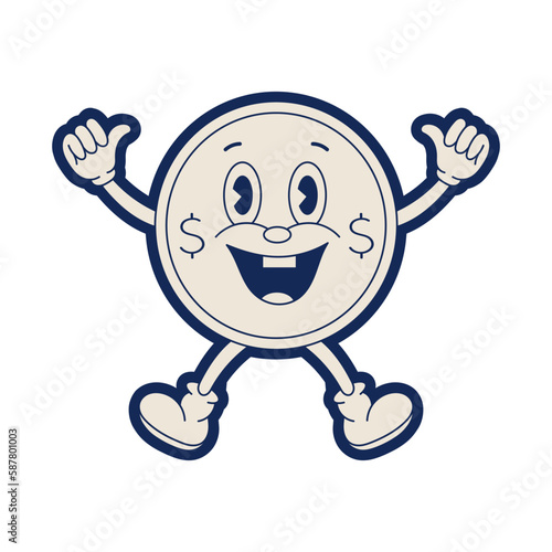 Money sticker in retro style. Hand drawn doodle style. Vintage stickers from the 70s. Vector illustration.