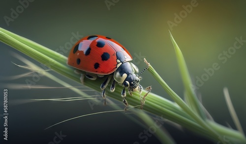  a lady bug sitting on top of a green plant stem. generative ai