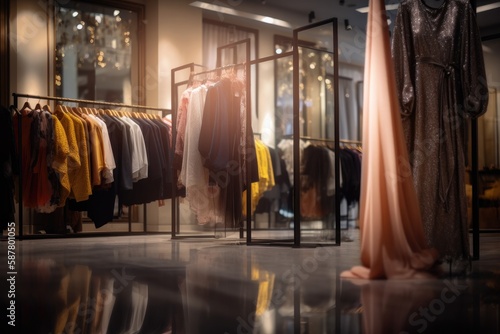 Wallpaper Mural modern clothing boutique with sleek, minimalist decor. The boutique features racks of stylish clothing and accessories, with a few mannequins posed in the foreground Generative AI Torontodigital.ca