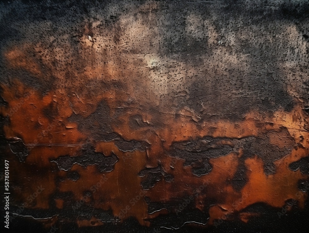 Old grunge copper bronze rusty texture dark black background effect, generative ai