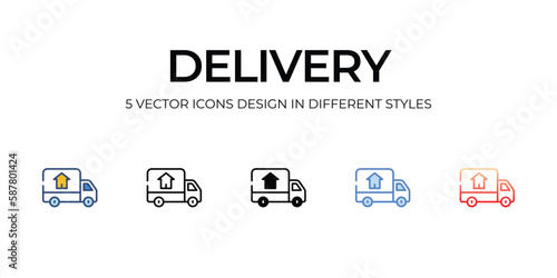 Delivery Icon Design in Five style with Editable Stroke. Line, Solid, Flat Line, Duo Tone Color, and Color Gradient Line. Suitable for Web Page, Mobile App,UI,UX, and GUI design