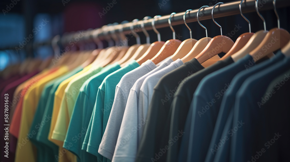 Clothes on hangers in shop for sale. Generative Ai Clothes on hangers in shop for sale. Generative Ai