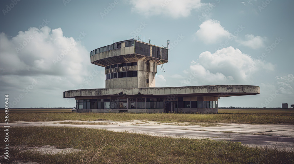 Old airport control tower. Generative AI Old airport control tower. Generative AI