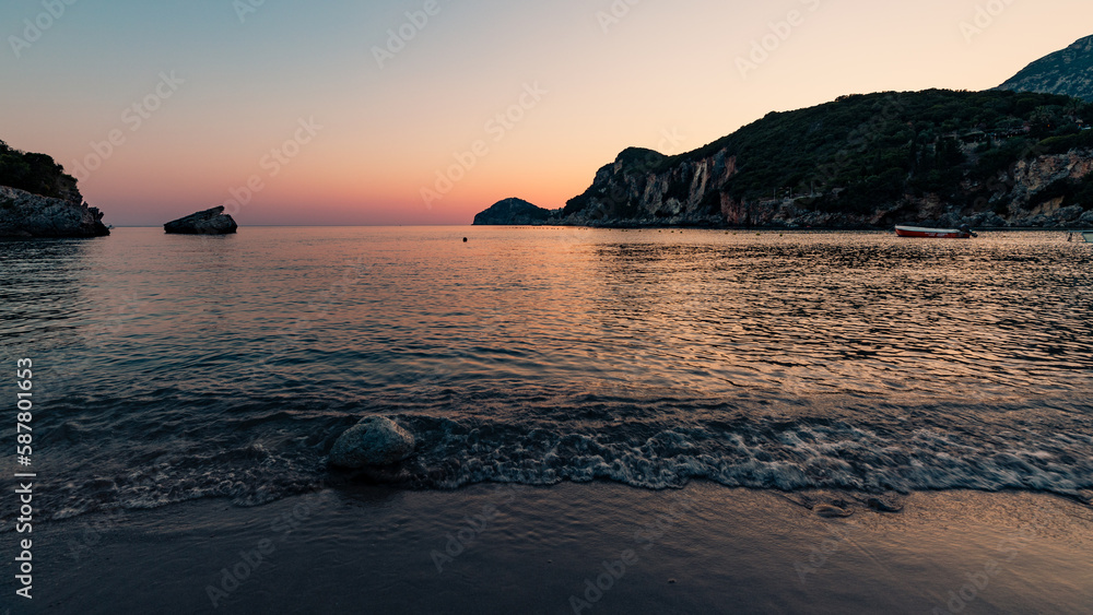 Beautiful sunset over Liapades Beach, Corfu, Greece