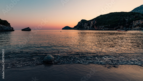 Beautiful sunset over Liapades Beach  Corfu  Greece