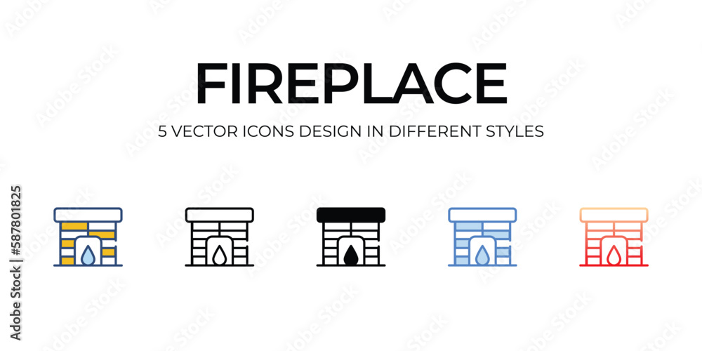 Fireplace Icon Design in Five style with Editable Stroke. Line, Solid, Flat Line, Duo Tone Color, and Color Gradient Line. Suitable for Web Page, Mobile App,UI,UX, and GUI design