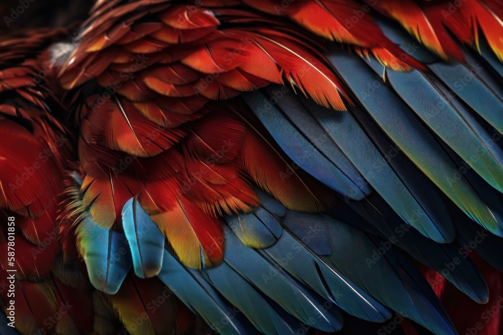 Obraz premium Close up of Scarlet macaw bird's feathers. AI generated