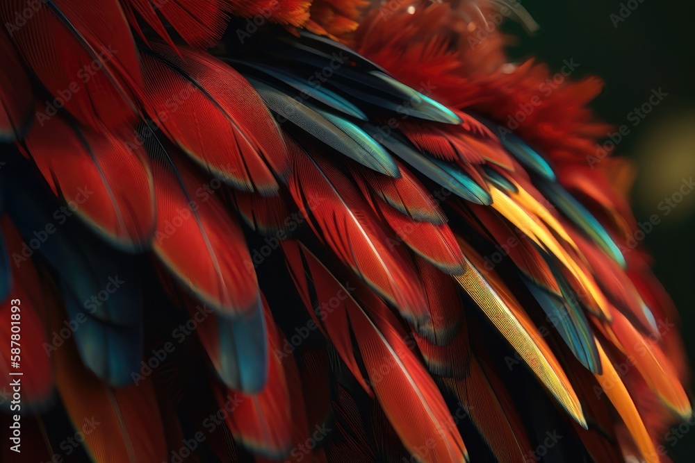 Obraz premium Close up of Scarlet macaw bird's feathers. AI generated