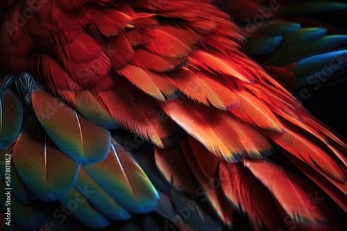 Close up of Scarlet macaw bird's feathers. AI generated © yuliachupina