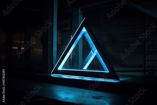Vibrant Neon Triangle Sign Illuminated in the Dark. Generative AI.