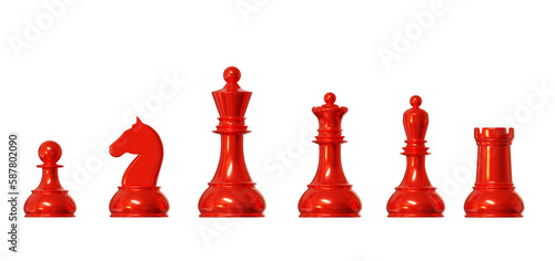 3d red chess pieces set of king, knight, queen, rook, bishop and pawn on isolated background. Chess Strategy for Business Leadership and Team Success Concepts. 3d rendering illustration.
