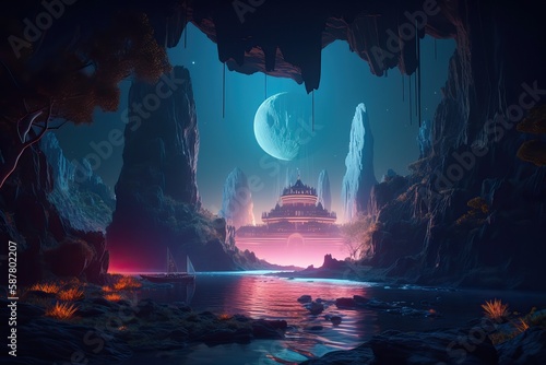Futuristic fantasy night landscape with abstract landscape and island, moonlight, radiance, moon, neon. AI generated