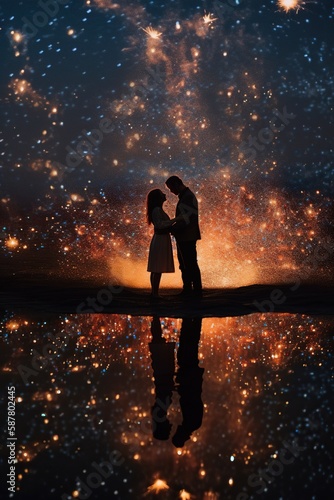Star-Crossed Lovers Embrace Under Celestial Glow of Constellations. Generative AI.