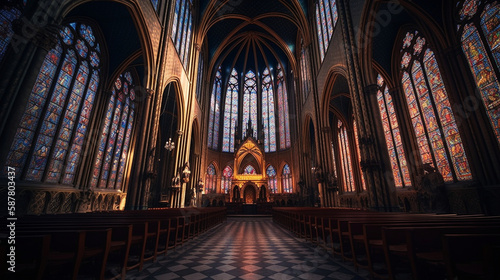 A indoor scene taken inside a beatifully lit cathedral lit by godrays shining through the multi colored stained glass windows - Generative AI