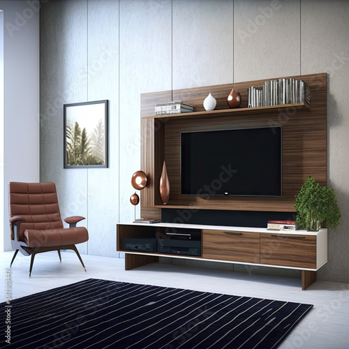 modern living room, tv stand of dark wood, AI generative, finalized by me.  © SHArtistry