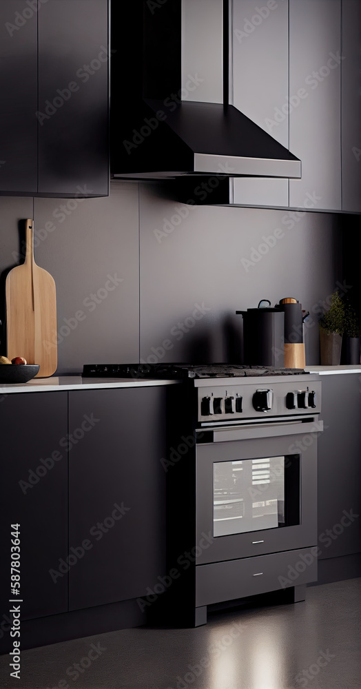 A modern interior design, open kitchen with black steam box and black ...