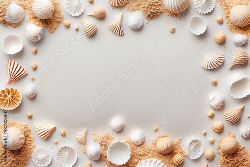 Sea Shell Texture Background, Colorful Seashell Pattern, Sea Shells on Sand, Abstract Generative AI Illustration © artemstepanov