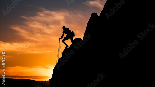 A silhouetted mountain climber on a gigantic cliff face lit by the setting sun, the sky shades of orange and blue - Generative AI