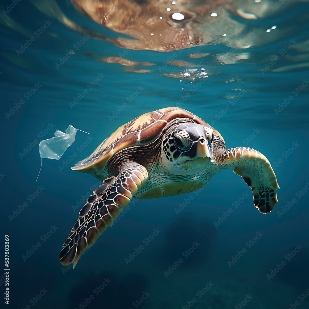 Obraz premium Giant sea turtle swimming in a sea, Generative IA of trash