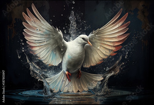 A flying dove in a splash of water. Illustration by Generative AI. photo